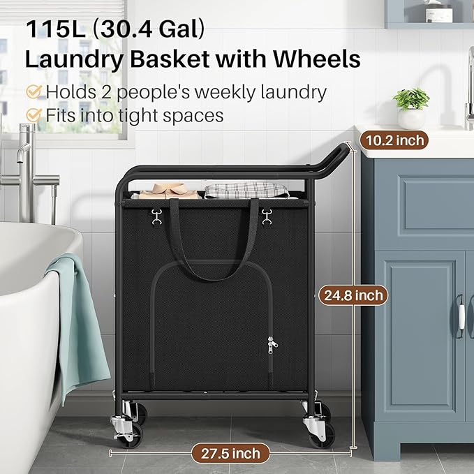 Laundry Basket with Wheels,150L Large Rolling Laundry Hamper, Heavy-Duty Laundry Cart Sturdy Metal Frame with Handle, Minimizes Bending Easy Access Clothing for Bedroom, Bathroom, Laundry Room (Black)