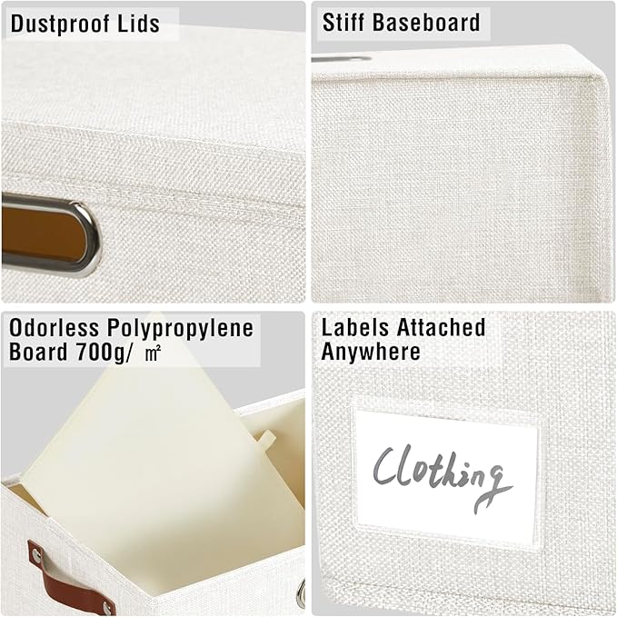 15" Large Collapsible Storage Bins with Lids, Stackable Closet Organizers with PU Handle and Labels, 3-Pack Decorative Fabric Storage Boxes for Home, Bedroom, Closet, Office, Nursery(White)