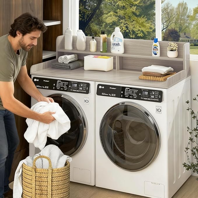 LEMBERI 2 Tiers Shelf Washer Dryer Countertop, 54" W x 27.5" D Laundry Organization, Wooden Topper for Folding, Sorting & Ironing, Easy Install, Oak