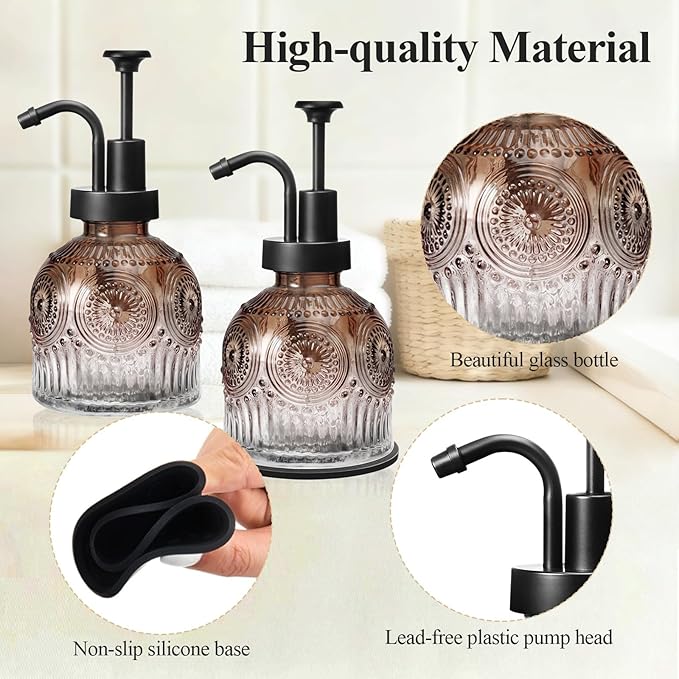 SheeChung Vintage Soap Dispenser, Kitchen Dish Soap Dispensers with Pump Mat, Glass Hand Soap Dispenser for Bathroom, Liquid, Lotion, Refillable, Rustic Farmhouse Decor-Brown (Black Pump, 2 pk)
