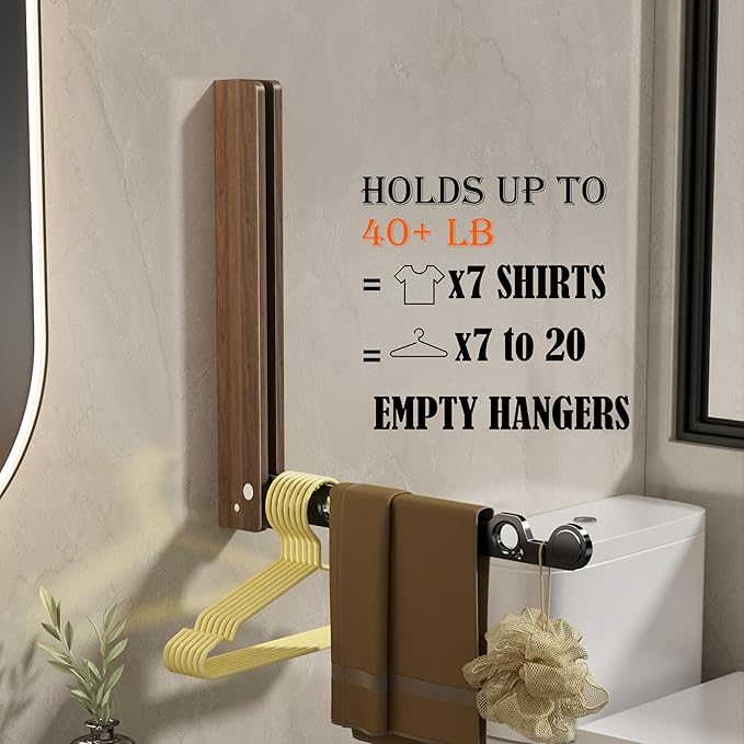 Natural Wood Folding Clothes Hanger Rack for Laundry Room, Wall Mounted Clothes Drying Rack, Laundry Drying Rack Foldable, Perfect for Small Spaces, Walnut Wood Black