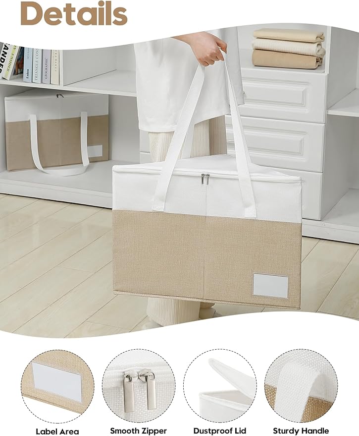 Beveetio 2-Pack Rigid Hanger Organizer Bags with Lid, Triangle Hanger Storage Organizers for Closet, Laundry Room, Wardrobe, Drying Rack, Dustproof Space Saving Holder, Beige & White