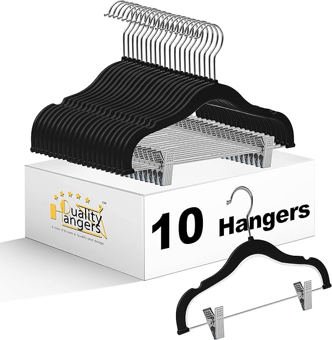Quality Kids Children's Plastic Non Velvet Non-Flocked Thin Compact Skirt Pant Coat Hangers with Metal Clips for Skirts Pants Blouses 360° Swivel Hook, Jacket, Shirt, Legging, Suit Hangers (Black, 10)