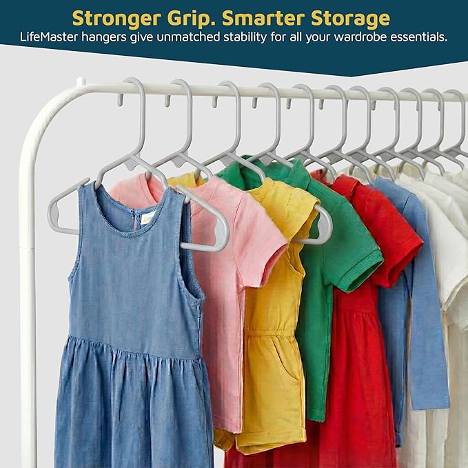 Lifemaster Plastic Kids Clothes Hangers – Children Clothes Hanger with Shoulder Notch, 11.6 Inch Space-Saving Closet Organizer for Baby, Toddler, and Kids Clothing, Hold Up to 5 lbs, Pack of 30, Gray