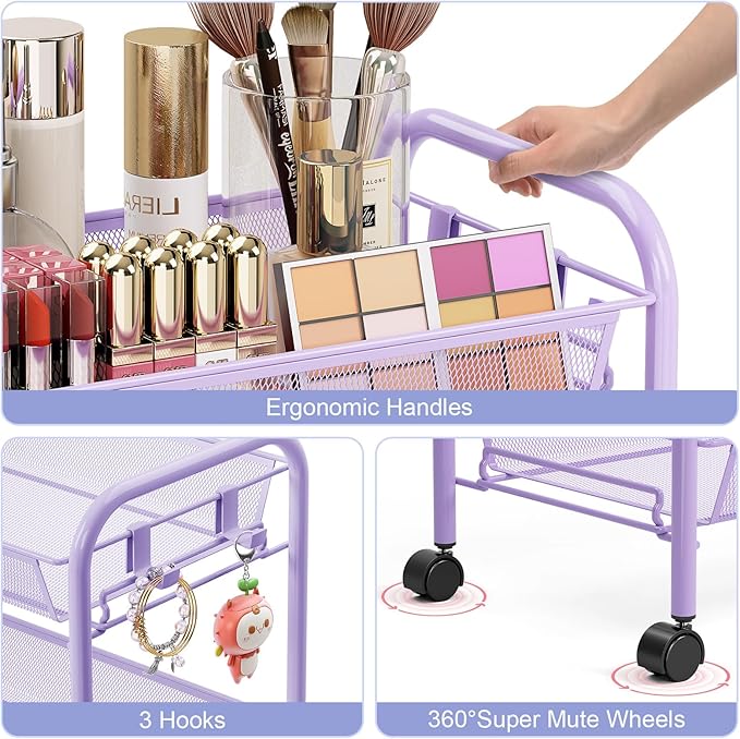 TOOLF 4-Tier Rolling Cart, Metal Utility Cart with 3 Hooks, Easy Assemble Mobile Storage Trolley On Wheels, Metal Shelving Units Kitchen Bathroom Laundry Room