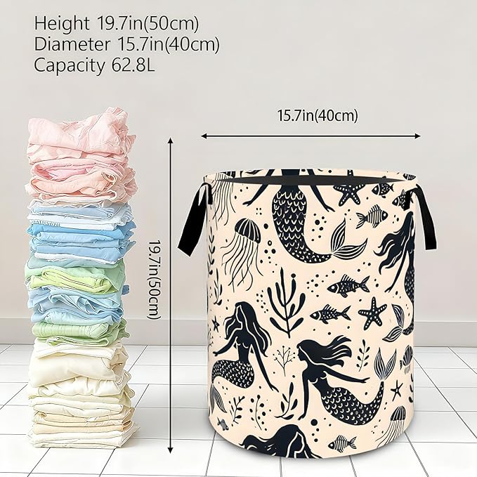 Retro Mermaid Laundry Basket,Ocean Dirty Clothes Hamper,Marine Life Storage Bin,Nautical Gifts,Foldable Waterproof Oxford Cloth Baskets for,Bathroom,Beach House Decoration(19.7" x 15.8")