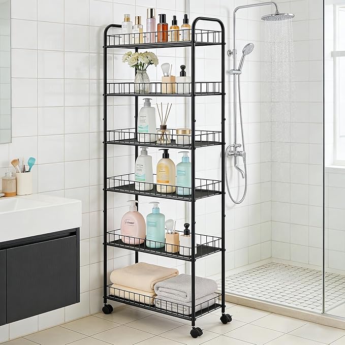 6-Tier Slim Storage Cart with Wheels,10in Wide Black Narrow Rolling Shelf,Sturdy Slim Storage Ideal for Kitchen, Bathroom, and Laundry Room