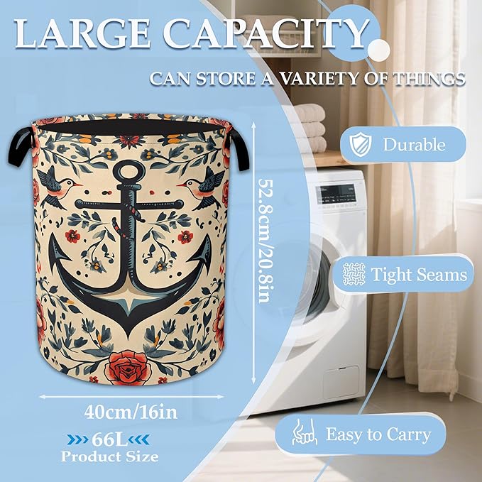 Anchor Flowers Laundry Hamper Collapsible Laundry Basket Portable Clothes Toy Storage Bin for Bathroom Bedroom Room Decor 16 X 20.8 Inch
