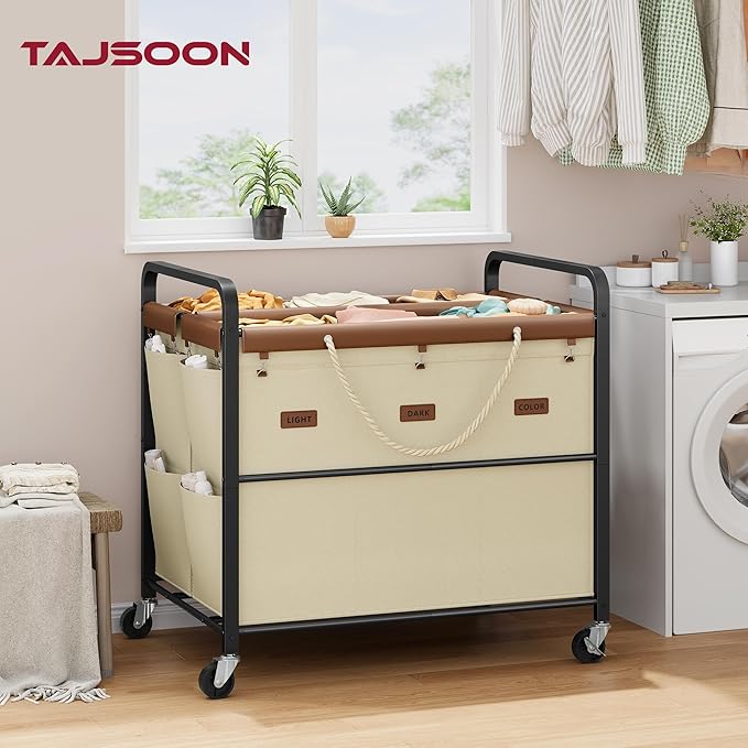 Tajsoon 295L Extra Large Laundry Hamper 6 Section, Heavy Duty Laundry Cart with Wheels, Commercial Laundry Sorter with Sturdy Metal Frame, Removable Bags & Leather Patchwork, Beige