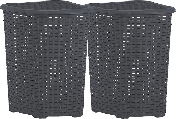 Plastic Corner Laundry Hamper with Lid, Curved Designed Laundry Basket, 2 Pack Triangle Grey Cloths Hamper Organizer with Cut-out Handles for Laundry Room Bedroom Bathroom, Wicker Design, 50 Liter