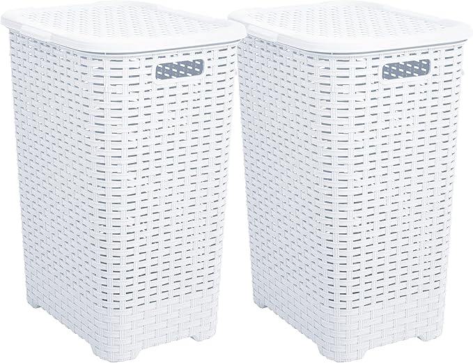 Superio Laundry Hamper with Lid 60 Liter White (2 Pack) Plastic Wicker Large Hampers Basket with Cutout Handles, Deluxe Bin to Storage Dirty Cloths in Washroom Bathroom
