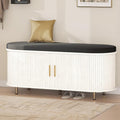 DHH 2-Tier Storage Bench, 43.3" Wide Shoe Bench with Thickened Padded Seat Cushion, Mid Century Modern Fluted Sliding Door and Adjustable Shelf, for Entryway, Living Room, Bedroom(White)