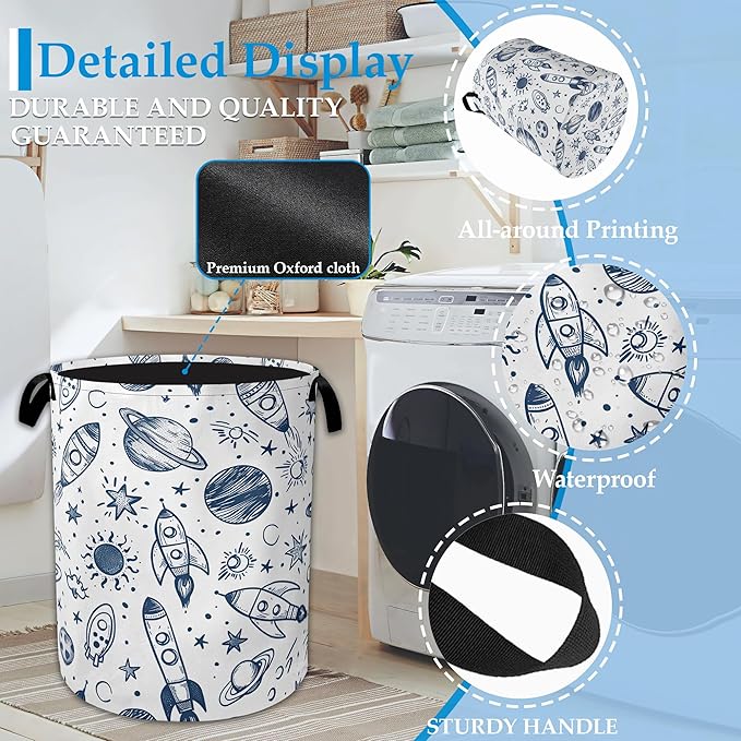 Vintage Planet Rocket Laundry Basket Collapsible Laundry Hamper Clothes Toy Storage Bin for Bathroom Bedroom Room Decor 16" X 20.8"