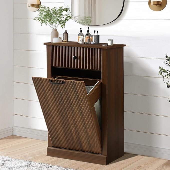 Modern Tilt Out Laundry Hamper Cabinet, Fluted Hidden Garbage Cabinet with Laundry Storage Basket, Wooden Trash Can Cabinets with Drawer (Brown, 13"D x 21"W x 36"H (Single))