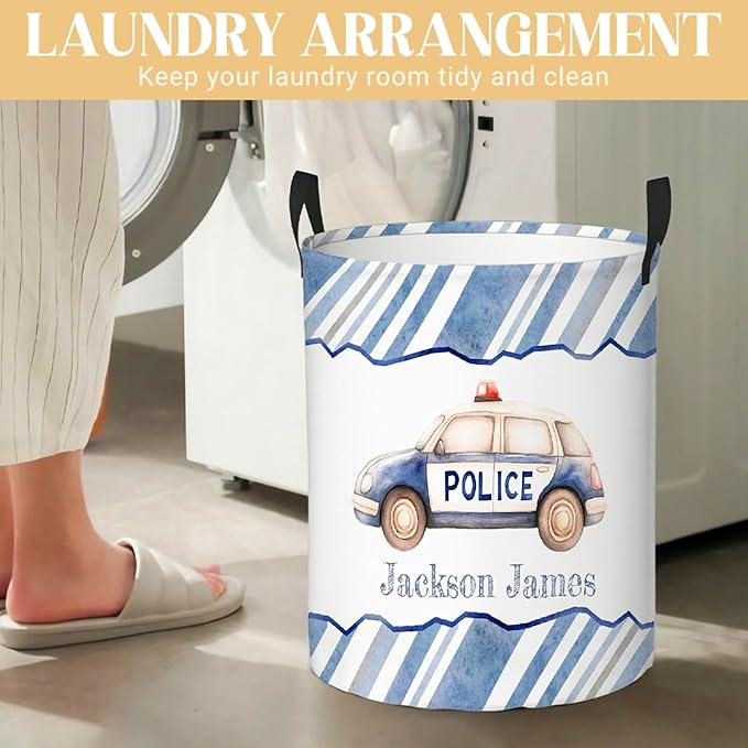 Personalized Police Car Laundry Basket, Custom Laundry Hamper With Name Gifts For Kids Baby Adults, Collapsible Dirty Clothes Storage Organizer With Handles S 16.5 X 13.8in