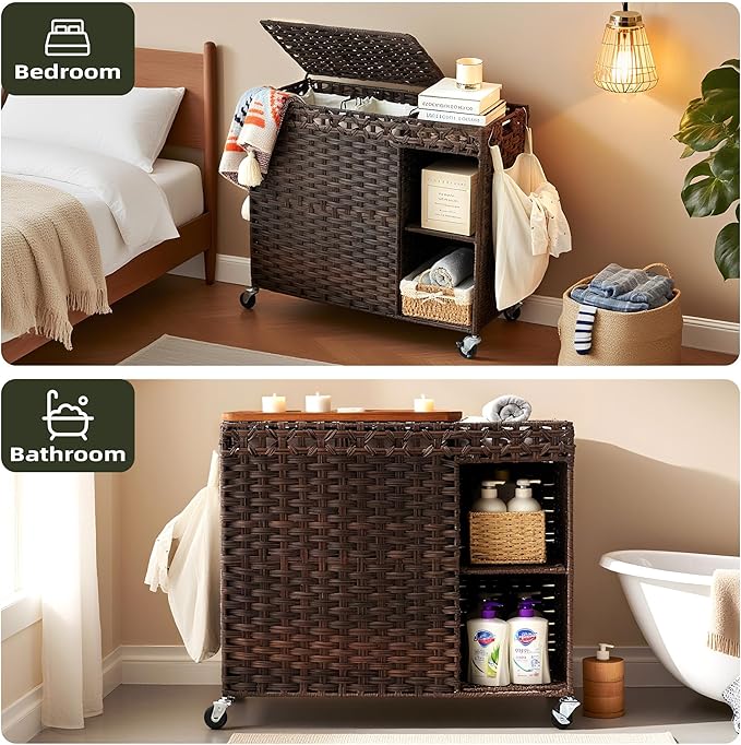 Laundry Hamper with Lid, 160L Rattan Wicker Laundry Basket with Wheels, Handwoven Laundry Hamper 2-Section with Storage shelf(42.3 Gal), Laundry Sorter Basket with Removable Liner, Brown HLH032BR
