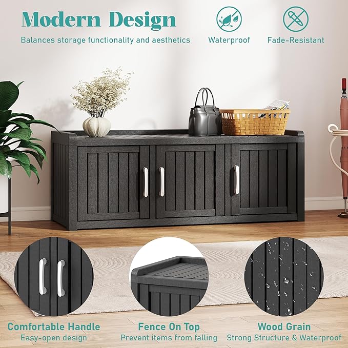 KAMABOKO Outdoor Shoe Storage Cabinet Waterproof UV-Resistant, Entryway Storage Bench Indoor Outdoor with 3 Barn Doors, Adjustable Shelves for Entryway, Bedroom, Hallway,Living Room(Black)