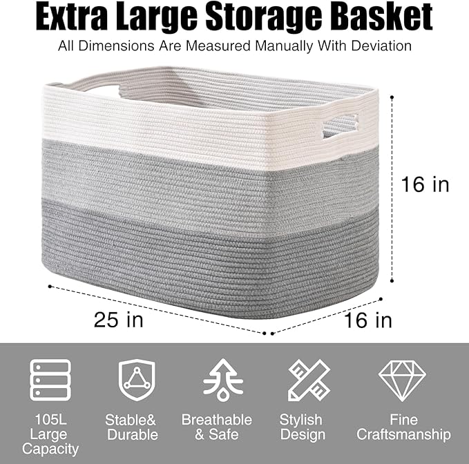 Extra Large Blanket Basket Living Room, Rectangle Storage Basket, Large Woven Baskets for Storage, Cotton Rope Basket for Toys, Clothes, Gradient Grey - 25”x16”x16” (105L)