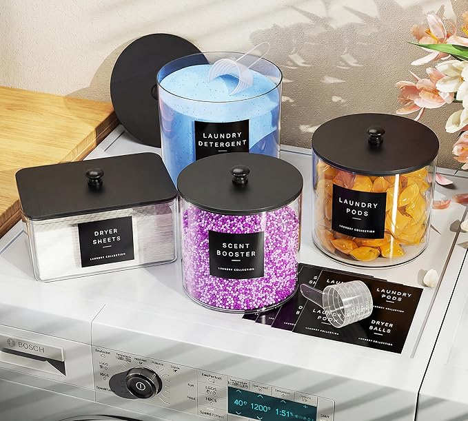 4 Pack Laundry Pods Container, Clear Laundry Room Organization Containers,Large Acrylic Detergent Powder Storage Containers Black Wooden Lids & Labels, Dryer Sheet Holder
