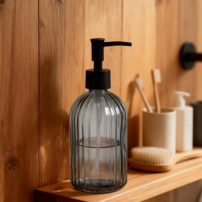 Gray Glass Soap Dispenser Set with Black Pump, 13.5oz Refillable Liquid Hand Soap Dispenser for Liquid, Shower Gel, Bathroom, Kitchen, Vanity Countertop, Laundry Room & Home Decor (2 Pack)