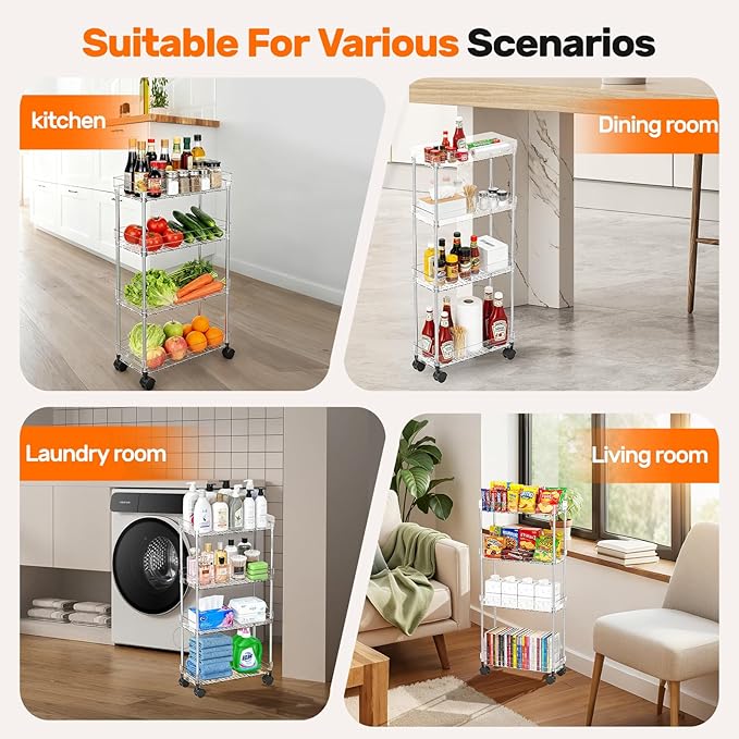 4 Tier Slim Storage Cart with Wheels Slim Rolling Utility Cart Mobile Shelving Units Organizer for Narrow Space in Home Kitchen Bathroom Laundry Room Transparent (Width 6.3 Inches)
