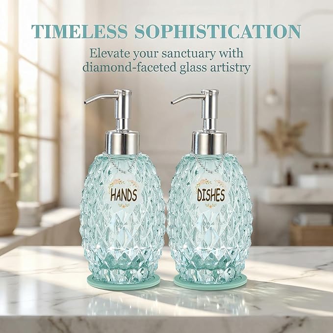 MALACHI Soap Dispenser Set, Crystal-Textured Diamond Glass with Rustproof Stainless Steel Pump, Dual-Labelled Hand & Dish Soap Dispenser for Kitchen & Bathroom