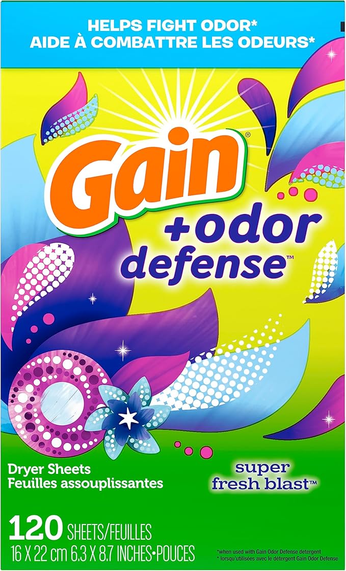 Gain Dryer Sheets Plus Odor Defense, Super Fresh Blast Scent, 120 Count, Helps fight static and odor, laundry sheets