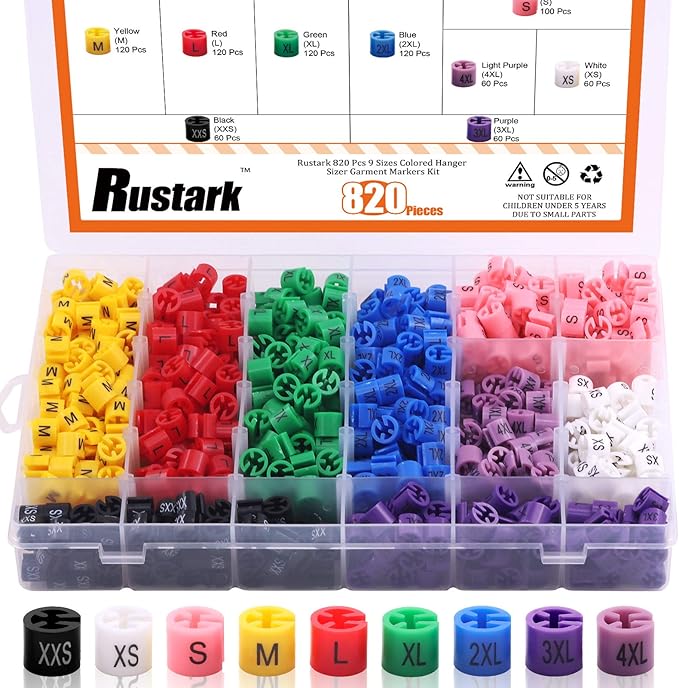 820 Pcs Colored Hanger Sizer Garment Markers Kit 9 Sizes Plastic Clothes Hanger Color-Coding Coded Size Clips with Storage Box (XXS - 4XL)