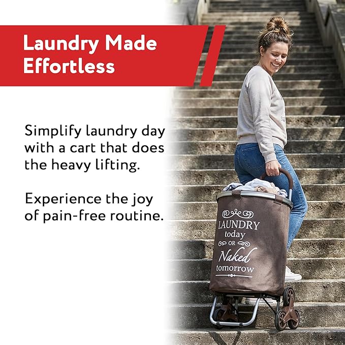 dbest products Stair Climber Laundry Trolley Dolly, Brown Laundry Bag Hamper Basket cart with wheels sorter