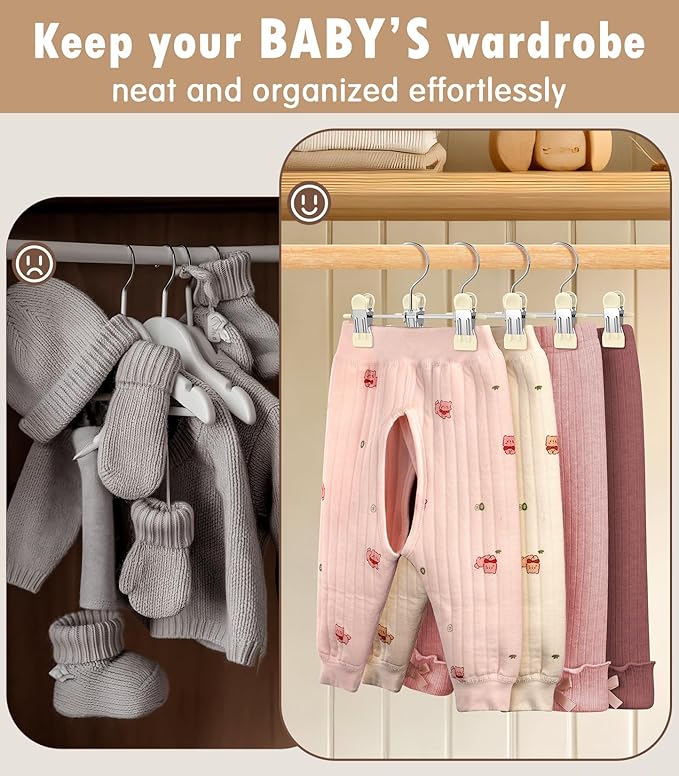 DOIOWN 10 Pack Baby Pants Hangers with Clips, Toddler Non-Slip Space Saving Hangers for Pants, Skirts, Clothes - Baby Essentials Closet Organizer