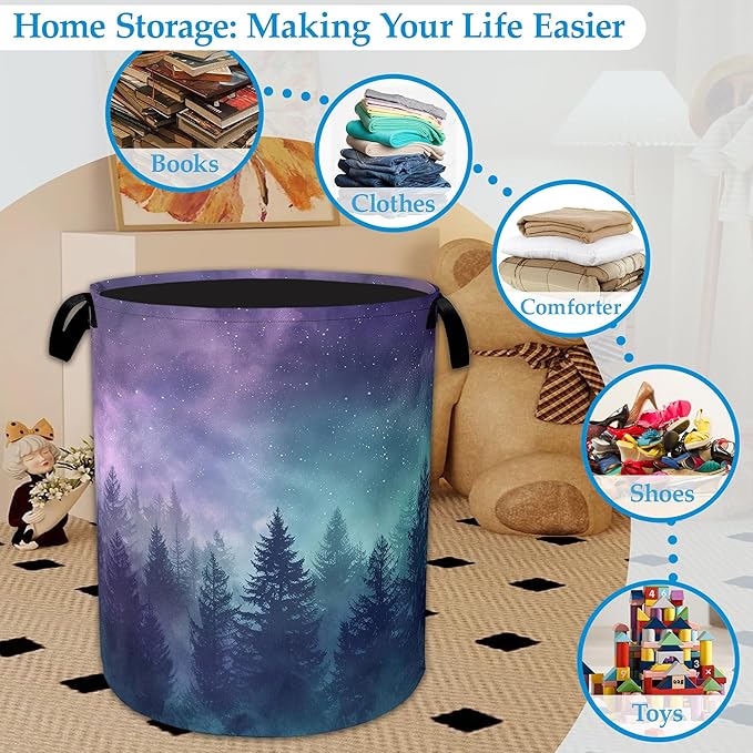 Starry Sky Forest Large Storage Basket Collapsible Laundry Basket Oxford Storage Bin for Toy Bins Gift Baskets Bedroom Clothes Children Nursery Hamper 16" X 20.8"