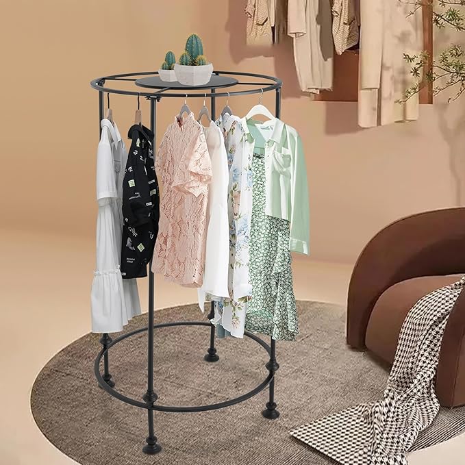 YIYIBYUS Round Garment Rack, Floor Standing Iron clothes Hanging Rack with Topper, Suitable for Large Shopping Malls Retail, Clothes Boutique Display Laundry Rooms (Black)