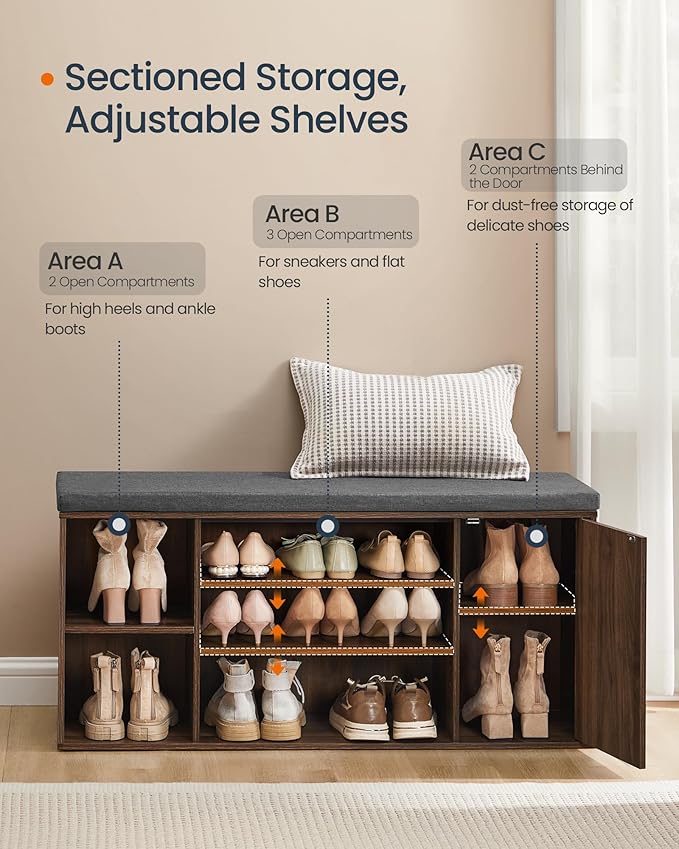 SONGMICS HOME Storage Bench, Superfast Toolless Assembly, 41" Wide Entryway Shoe Bench with Cushion & Adjustable Shelves, Shoe Rack Cabinet, Natural Walnut and Slate Gray ULHS391KE04S