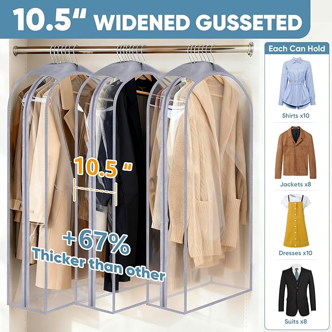 BALEINE 40'' Clear Garment Bags, 10.5'' Wide PEVA Suit Bag for Closet Clothes Dresses Suit Coats Storage (Clear, 1PK)