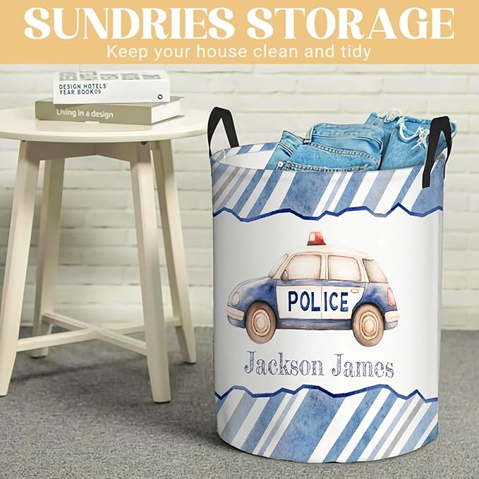 Personalized Police Car Laundry Basket, Custom Laundry Hamper With Name Gifts For Kids Baby Adults, Collapsible Dirty Clothes Storage Organizer With Handles S 16.5 X 13.8in