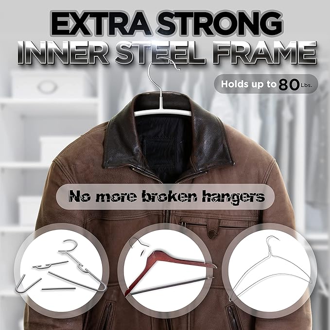 Clothes Hangers - 10 Pack, White - Solid Premium Steel Iron Clothing & Sweater Hangers - Non-Slip No Shoulder Bumps with Grippy Coating - Sleek, Slim & Rounded - Space Saving Solution - by Zoe Deco