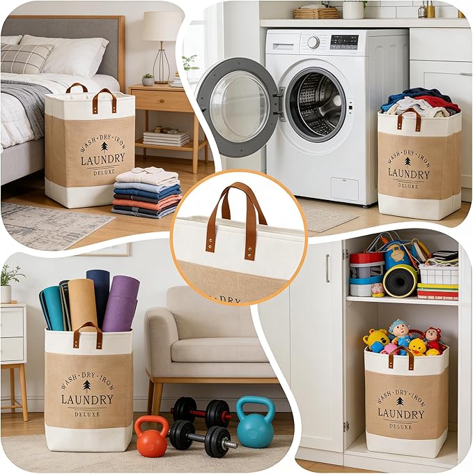 Foldable Storage Bags - Heavy-Duty Fabric Dirty Clothes Organizer, Large Capacity Space-Saving Storage for Clothes, Toys, Blankets, Sports Equipment, Living Room, Bedroom, etc. (Khaki, 65L)