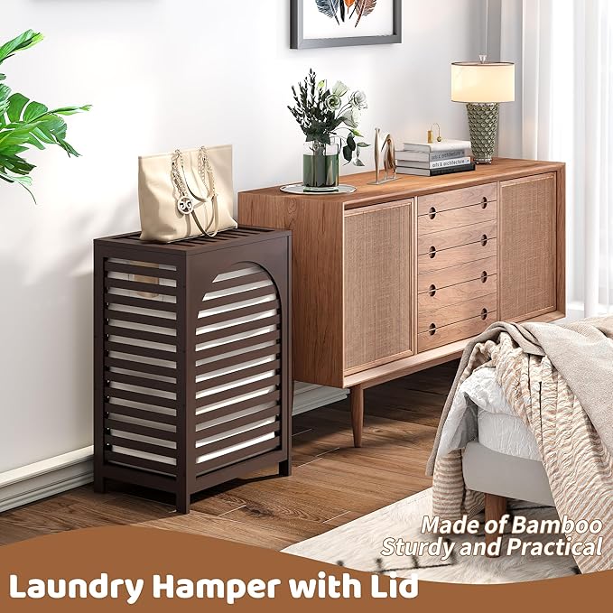 FILWH Laundry Hamper with Lid (16.9 * 13 * 26.5inches) Large Bamboo Laundry Bin Basket 85L Clothes Hamper with 1 Removable Bag Storage baskets for Bathroom(Brown)