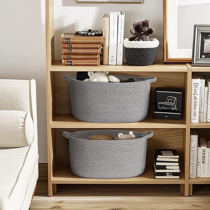 Gray Storage Basket, 17"x12"x8" Woven Cotton Rope Storage Bin, Wicker Kids Dog Toy Box, Baskets for Gifts Empty, Bathroom Towel Organizer, Blanket Holder, Baby Nursery Shelf Closet Bin