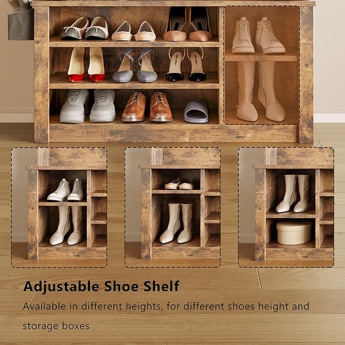 Aiho Entryway Hall Tree with Bench and Storage, 3-in-1 Hall Tree with Coat Rack, Adjustable Shoe Bench, 2-Tier top Storage, for Hallway, Entryway, Bedroom, Rustic Brown