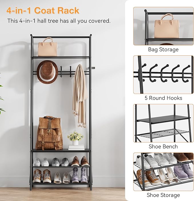 Coat Rack Shoe Bench with Single-Row 5 Hooks 60cm Width, 3-Tier Shelf Entryway Hall Tree with Storage, Metal Frame Multifunctional Organizer, 4-in-1 Coat Rack for Bathroom, Hallway.Black.