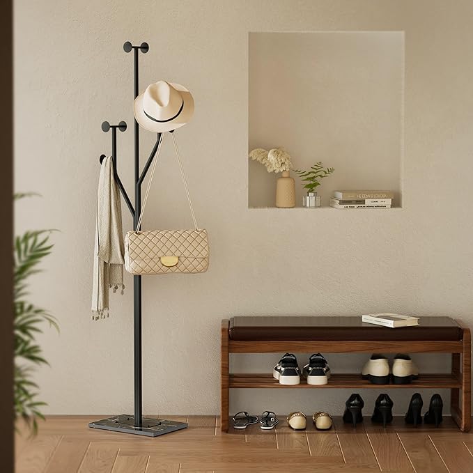 Coat Rack Stand, Freestanding Metal Coat Rack with Sturdy Marble Base, Modern Standing Coat Rack Tree for Entryway, Bedroom, Office & Hallway, Space-Saving Design, Black, 68.9 Inches Tall