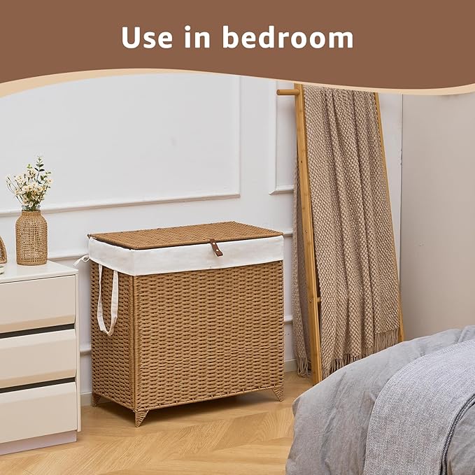 Handwoven Laundry Hamper with Lid, Natural Hyacinth Heightened Feet Laundry Basket, Wicker Clothes Hamper with Removable Liner Bag (Wicker, 120L)