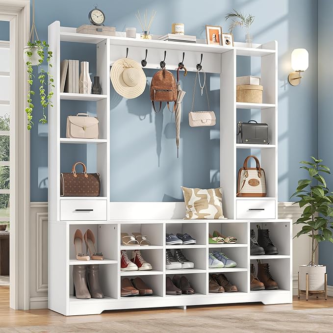 61.6" H White Hall Tree with Bench and Shoe Storage, 6-in-1 Multi-Functional Entryway Bench with 2 Drawers, 5 Coat Racks, Shoe Rack with 13 Shoe Cubbies, Entryway Storage Organizer, White