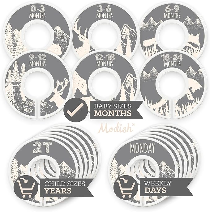 Baby Clothes Closet Organization, Hanging Size Dividers: Months & Years Sets, Girl Boy Neutral Gray Tan Woodland Animal Outdoor Mountain Forest Safari Explorer Nursery Décor, Useful Baby Gift