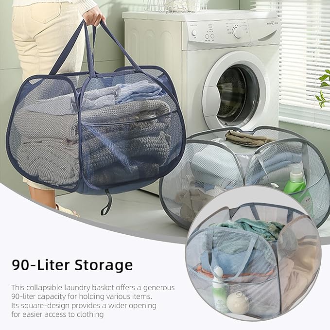 Collapsible Laundry Basket 90L, Foldable Mesh Pop-up Laundry Hamper with Handles, Dirty Clothes Hamper for Laundry with Side Storage Pocket (White)