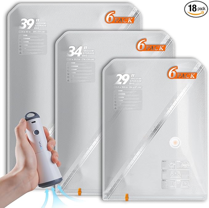 Vacuum Seal Bags for Clothing with Rechargeable Cordless Pump, 18 Pack Vacuum Storage Space Saver Bags, Compression Packing for Clothes Bedding Blanket Pillows Comforters Luggage Travel