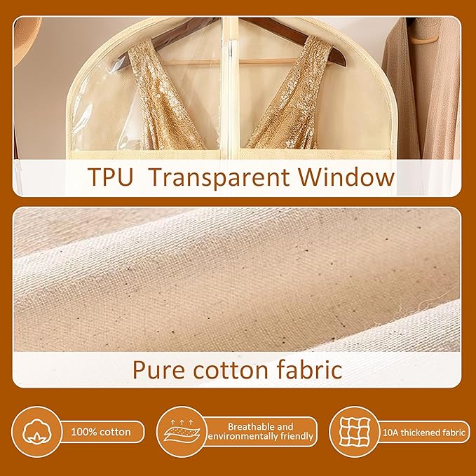 2 Pack 24 x 60 Inches Cotton Garment Bags for Hanging Clothes, Breathable Garment Bags for Long Dress, Fur Coat, Jacket, Gown, Suit, Garments Covers with Clear Window