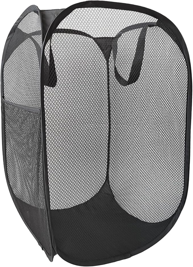 The upgraded pop-up laundry basket features a breathable side pocket mesh design, making it ideal for rooms, apartments, dormitories, travel, business trips, and children's storag(1, Black)