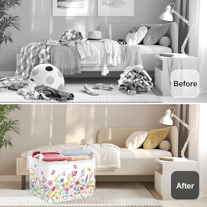 Colourful Flowers Laundry Hamper Large Storage Basket Floral Collapsible Adult Organizer Kids Clothes Toys Bins for Bedroom, Bathroom, Pinkish Purple, 36L